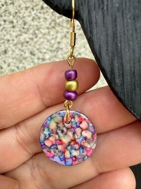 Set - Colorful Multicolor Resin Disc Drop Earrings with pink rhinestone necklace